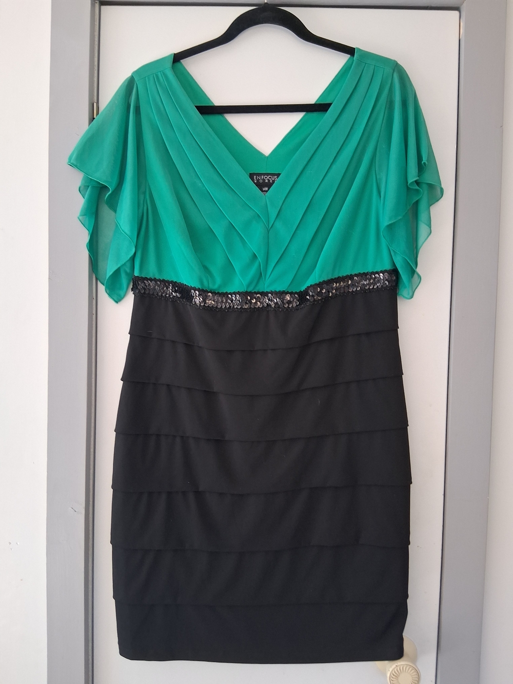 Enfocus Studio Green and Black Ruffled V-Neck Dress